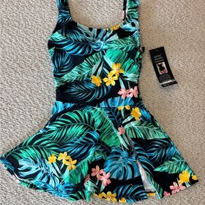 Tropical Swim Dress One Piece Skirted Swimsuit Shore Shapes Size 8 NWT